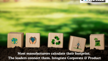Comparison infographic showing Product Carbon Footprint lifecycle stages versus Corporate Carbon Footprint Scope 1, 2, and 3 emissions for manufacturers