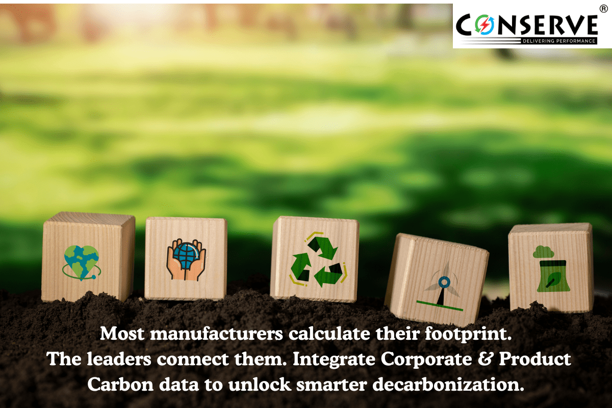 Comparison infographic showing Product Carbon Footprint lifecycle stages versus Corporate Carbon Footprint Scope 1, 2, and 3 emissions for manufacturers